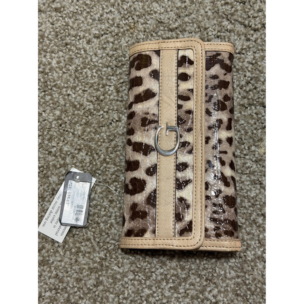 Guess Leopard Print Trifold Wallet Tan Brown Animal Print G Logo LC217647